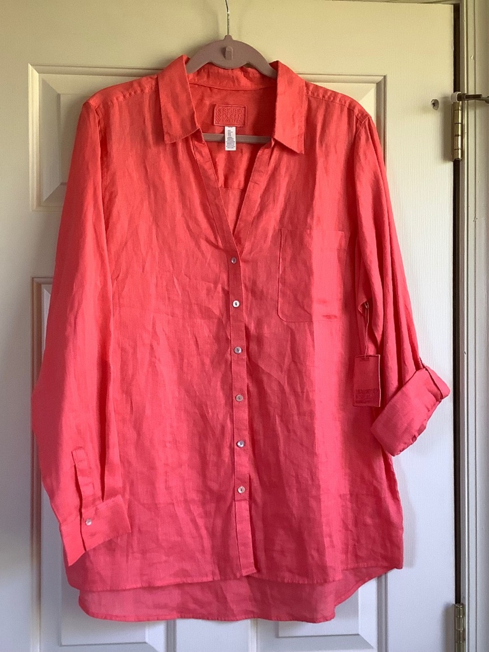 Sigrid Olsen 100% Linen Long Sleeve Button Up Shirt/Blouse Coral SZ XL